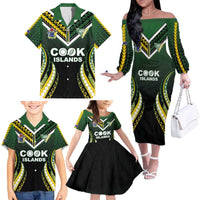 Custom Cook Islands Rugby Family Matching Off The Shoulder Long Sleeve Dress and Hawaiian Shirt Unique Style Black Version - Polynesian Pride