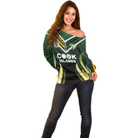 Custom Cook Islands Rugby Off Shoulder Sweater Unique Style Black Version - Polynesian Pride