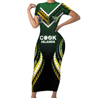 Custom Cook Islands Rugby Short Sleeve Bodycon Dress Unique Style Black Version LT05 Long Dress Black - Polynesian Pride