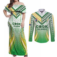 Custom Cook Islands Rugby Couples Matching Off Shoulder Maxi Dress and Long Sleeve Button Shirt Unique Style White Version - Polynesian Pride