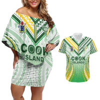 Custom Cook Islands Rugby Couples Matching Off Shoulder Short Dress and Hawaiian Shirt Unique Style White Version - Polynesian Pride