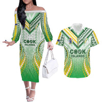 Custom Cook Islands Rugby Couples Matching Off The Shoulder Long Sleeve Dress and Hawaiian Shirt Unique Style White Version LT05 White - Polynesian Pride