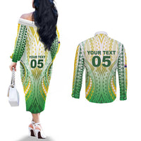 Custom Cook Islands Rugby Couples Matching Off The Shoulder Long Sleeve Dress and Long Sleeve Button Shirt Unique Style White Version - Polynesian Pride