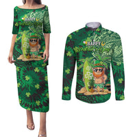 Personalised Hawaii St.Patrick Day Couples Matching Puletasi and Long Sleeve Button Shirt Surfing Leprechaun LT05 Green - Polynesian Pride