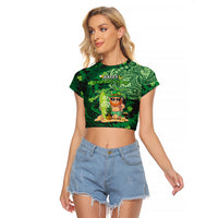 Personalised Hawaii St.Patrick Day Raglan Cropped T Shirt Surfing Leprechaun LT05 Female Green - Polynesian Pride