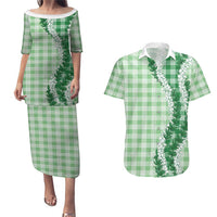 Green Hawaii Palaka Couples Matching Puletasi and Hawaiian Shirt Hawaiian Honohono Lei