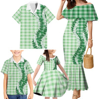 Green Hawaii Palaka Family Matching Mermaid Dress and Hawaiian Shirt Hawaiian Honohono Lei
