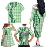 Green Hawaii Palaka Family Matching Off The Shoulder Long Sleeve Dress and Hawaiian Shirt Hawaiian Honohono Lei