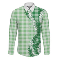 Green Hawaii Palaka Family Matching Off The Shoulder Long Sleeve Dress and Hawaiian Shirt Hawaiian Honohono Lei