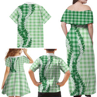 Green Hawaii Palaka Family Matching Off Shoulder Maxi Dress and Hawaiian Shirt Hawaiian Honohono Lei