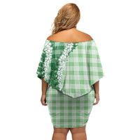 Green Hawaii Palaka Family Matching Off Shoulder Short Dress and Hawaiian Shirt Hawaiian Honohono Lei