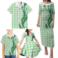 Green Hawaii Palaka Family Matching Puletasi and Hawaiian Shirt Hawaiian Honohono Lei