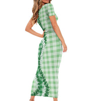 Green Hawaii Palaka Family Matching Short Sleeve Bodycon Dress and Hawaiian Shirt Hawaiian Honohono Lei