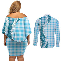Blue Hawaii Palaka Couples Matching Off Shoulder Short Dress and Long Sleeve Button Shirt Hawaiian Honohono Lei