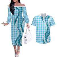 Blue Hawaii Palaka Couples Matching Off The Shoulder Long Sleeve Dress and Hawaiian Shirt Hawaiian Honohono Lei