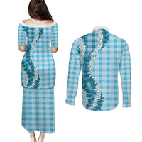Blue Hawaii Palaka Couples Matching Puletasi and Long Sleeve Button Shirt Hawaiian Honohono Lei LT05 - Polynesian Pride