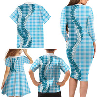 Blue Hawaii Palaka Family Matching Long Sleeve Bodycon Dress and Hawaiian Shirt Hawaiian Honohono Lei