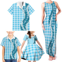 Blue Hawaii Palaka Family Matching Tank Maxi Dress and Hawaiian Shirt Hawaiian Honohono Lei
