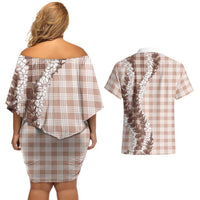 Beige Hawaii Palaka Couples Matching Off Shoulder Short Dress and Hawaiian Shirt Hawaiian Honohono Lei