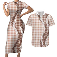 Beige Hawaii Palaka Couples Matching Short Sleeve Bodycon Dress and Hawaiian Shirt Hawaiian Honohono Lei