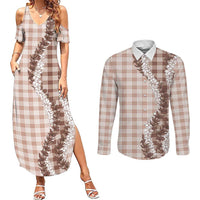 Beige Hawaii Palaka Couples Matching Summer Maxi Dress and Long Sleeve Button Shirt Hawaiian Honohono Lei