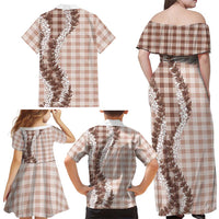 Beige Hawaii Palaka Family Matching Off Shoulder Maxi Dress and Hawaiian Shirt Hawaiian Honohono Lei