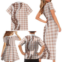 Beige Hawaii Palaka Family Matching Short Sleeve Bodycon Dress and Hawaiian Shirt Hawaiian Honohono Lei