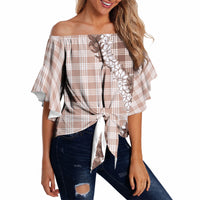 Beige Hawaii Palaka Off Shoulder Wrap Waist Top Hawaiian Honohono Lei LT05 - Polynesian Pride