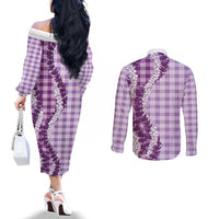 Violet Hawaii Palaka Couples Matching Off The Shoulder Long Sleeve Dress and Long Sleeve Button Shirt Hawaiian Honohono Lei