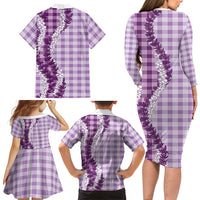 Violet Hawaii Palaka Family Matching Long Sleeve Bodycon Dress and Hawaiian Shirt Hawaiian Honohono Lei