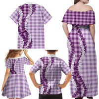Violet Hawaii Palaka Family Matching Off Shoulder Maxi Dress and Hawaiian Shirt Hawaiian Honohono Lei