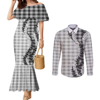 Gray Hawaii Palaka Couples Matching Mermaid Dress and Long Sleeve Button Shirt Hawaiian Honohono Lei