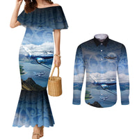 New Zealand Wanaka Air Show Couples Matching Mermaid Dress and Long Sleeve Button Shirt With Maori Pattern LT05 Blue - Polynesian Pride