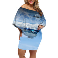 New Zealand Wanaka Air Show Off Shoulder Short Dress With Maori Pattern LT05 Women Blue - Polynesian Pride