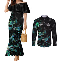 New Zealand Marathon Couples Matching Mermaid Dress and Long Sleeve Button Shirt Silver Fern Paua Shell Simple Style