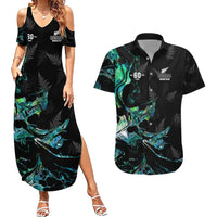 New Zealand Marathon Couples Matching Summer Maxi Dress and Hawaiian Shirt Silver Fern Paua Shell Simple Style LT05 Black - Polynesian Pride