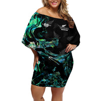 New Zealand Marathon Off Shoulder Short Dress Silver Fern Paua Shell Simple Style LT05 Women Black - Polynesian Pride