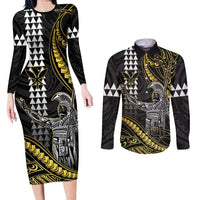 Hawaii King Kamehameha The Great Couples Matching Long Sleeve Bodycon Dress and Long Sleeve Button Shirt Gold Tribal Tattoo