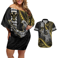 Hawaii King Kamehameha The Great Couples Matching Off Shoulder Short Dress and Hawaiian Shirt Gold Tribal Tattoo