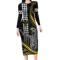 Hawaii King Kamehameha The Great Family Matching Long Sleeve Bodycon Dress and Hawaiian Shirt Gold Tribal Tattoo
