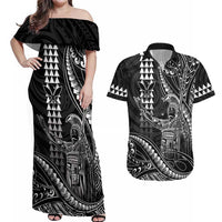 Hawaii King Kamehameha The Great Couples Matching Off Shoulder Maxi Dress and Hawaiian Shirt Black Tribal Tattoo