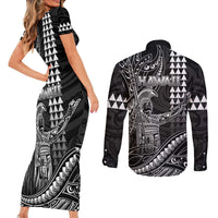 Hawaii King Kamehameha The Great Couples Matching Short Sleeve Bodycon Dress and Long Sleeve Button Shirt Black Tribal Tattoo