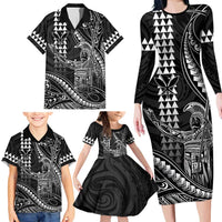 Hawaii King Kamehameha The Great Family Matching Long Sleeve Bodycon Dress and Hawaiian Shirt Black Tribal Tattoo