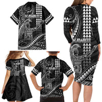 Hawaii King Kamehameha The Great Family Matching Long Sleeve Bodycon Dress and Hawaiian Shirt Black Tribal Tattoo