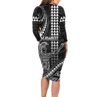 Hawaii King Kamehameha The Great Family Matching Long Sleeve Bodycon Dress and Hawaiian Shirt Black Tribal Tattoo