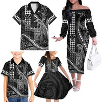 Hawaii King Kamehameha The Great Family Matching Off The Shoulder Long Sleeve Dress and Hawaiian Shirt Black Tribal Tattoo