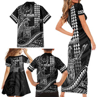 Hawaii King Kamehameha The Great Family Matching Short Sleeve Bodycon Dress and Hawaiian Shirt Black Tribal Tattoo