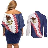 American Samoa Eagle Couples Matching Off Shoulder Short Dress and Long Sleeve Button Shirt Polynesian Tribal Pattern Curve Style LT05 - Polynesian Pride