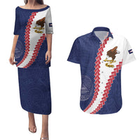American Samoa Eagle Couples Matching Puletasi and Hawaiian Shirt Polynesian Tribal Pattern Curve Style LT05 Blue - Polynesian Pride
