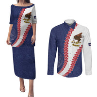 American Samoa Eagle Couples Matching Puletasi and Long Sleeve Button Shirt Polynesian Tribal Pattern Curve Style LT05 Blue - Polynesian Pride